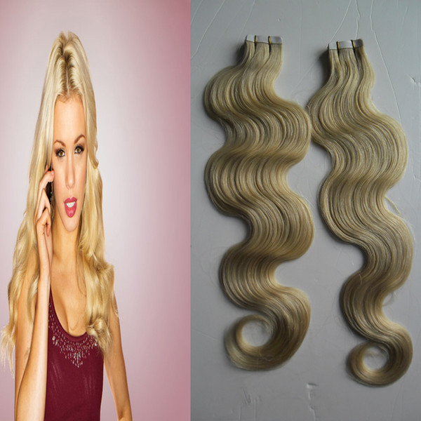 Blonde Tape In Human Hair Extensions Double Drawn Remy Tape In Natural Body Wave Hair On Adhesives 40pcs /set Invisible Hair