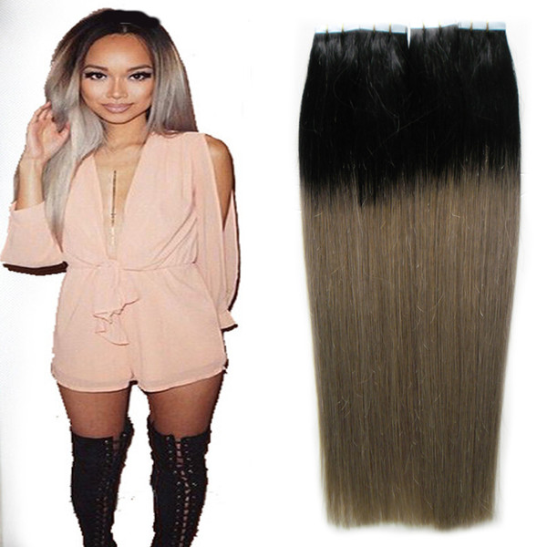 2.5g/pc Ash Blonde Hair Extensions T1B/Gray Remy Ombre Hair Extensions Tape 100g Remy Skin Weft Hair Ombre 40pcs Tape Extensions Grey 18-24