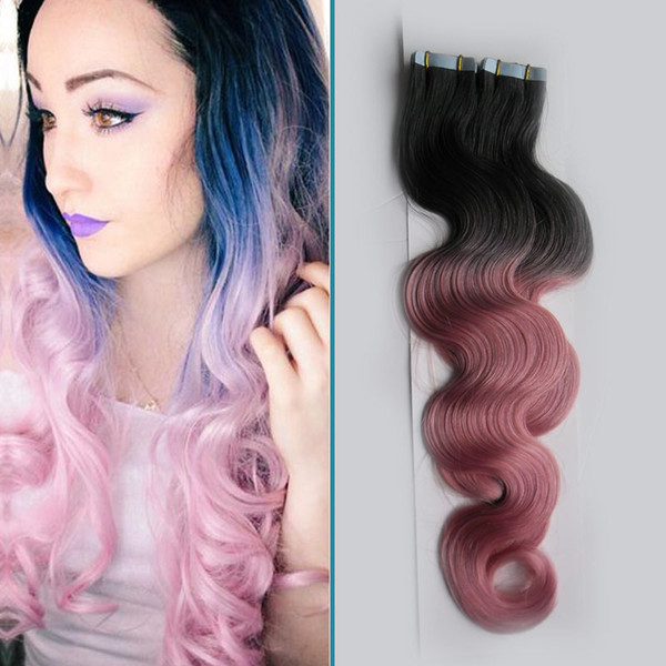 Human Body Wave Tape Extensions Ombre 40pcs Black ash/Pink Two Tone Ombre Remy Tape Hair Extensions 100g Skin Weft Hair Extensions 10-26