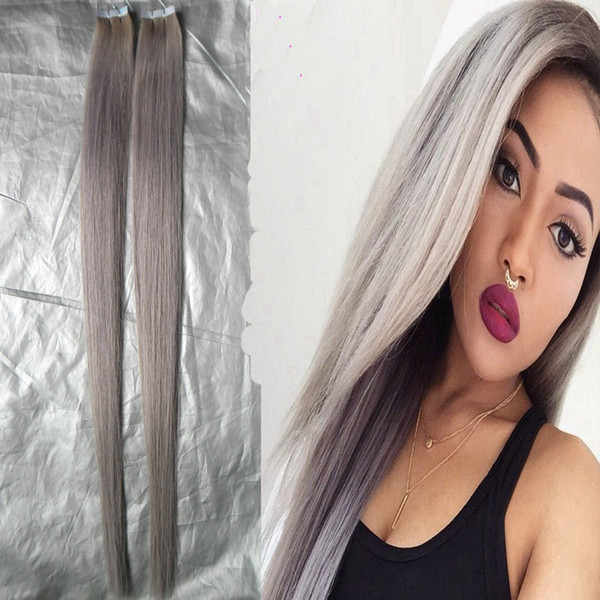 Wholesale New Indian Remy 7a grey tape hair extensions 100g silver grey tape extension 40pcs tape in human hair extensions