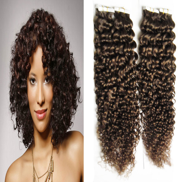 Kinky Curly Tape In Human Hair Extensions 100g 40Pcs Skin Weft Adhesive Seamless Hair 10'-26