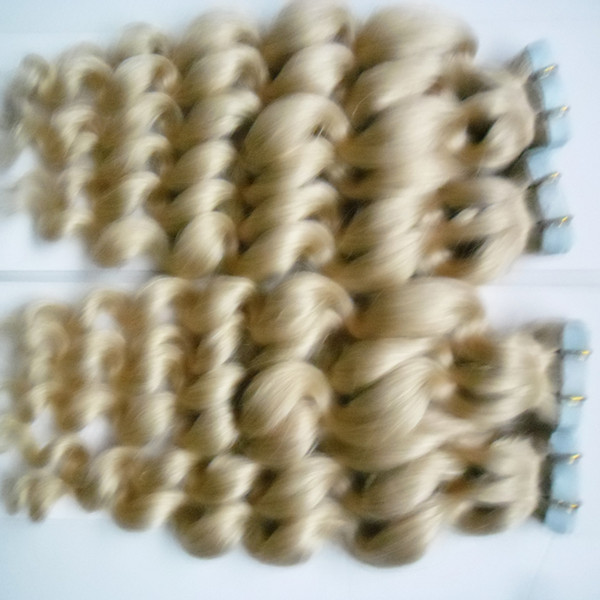 Grade 8A Unprocessed Cheap loose wave Human Hair Indian Blonde Tape Extensions 40pcs PU Hair 200g 18