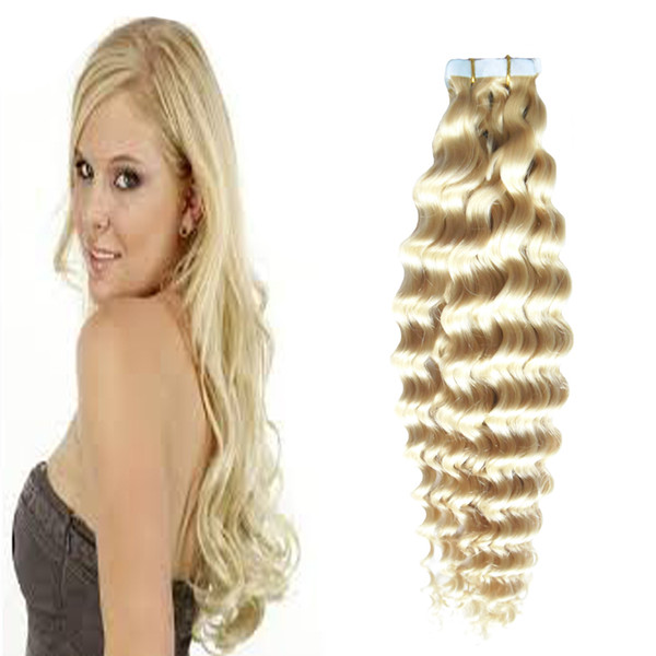 613 Blonde virgin hair Human Tape in kinky curly human hair extensions 50g 20pcs/set Skin Weft seamless Human Hair