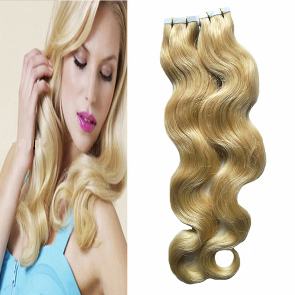 613 Bleach Blonde brazilian hair 100g body wave On Adhesives Invisible PU Skin Weft blonde tape human hair