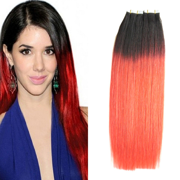 1B/RED Tape In Human Hair Extensions Straight 40pcs ombre hair 100g 100% Indian Remy Tape In Hair