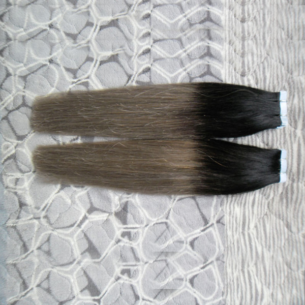 Ombre human hair extension 1B/silver grey Tape Human Hair Extension Straight Brazilian PU 100g 40pcs Straight Skin Weft gray hair extensions