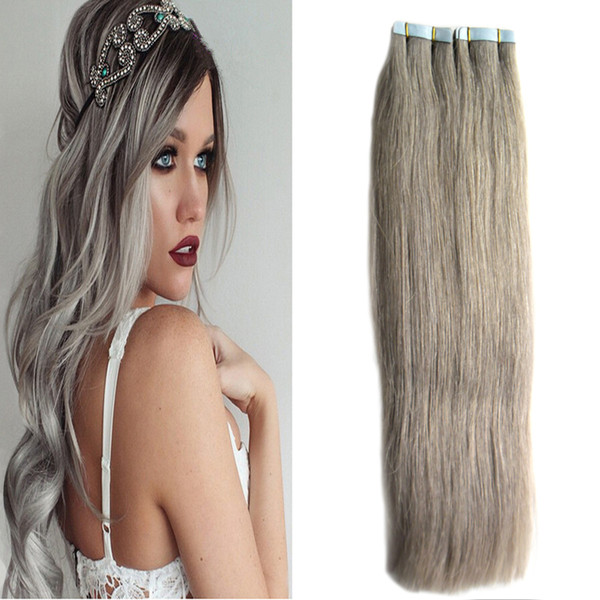 Silver grey tape extension #1 Jet Black skin weft hair extensions tape 40 pcs brazilian virgin hair Straight 100g