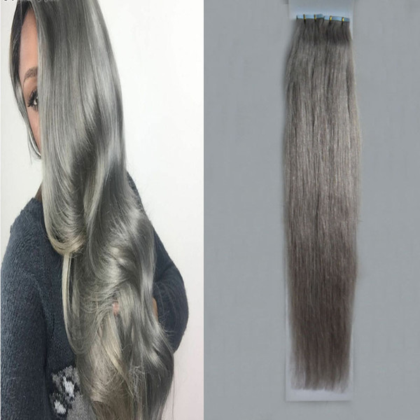 Gray hair women Straight 100g Remy Tape In Human Hair Extensions Adhesives Invisible PU 40pcs silver grey tape extension