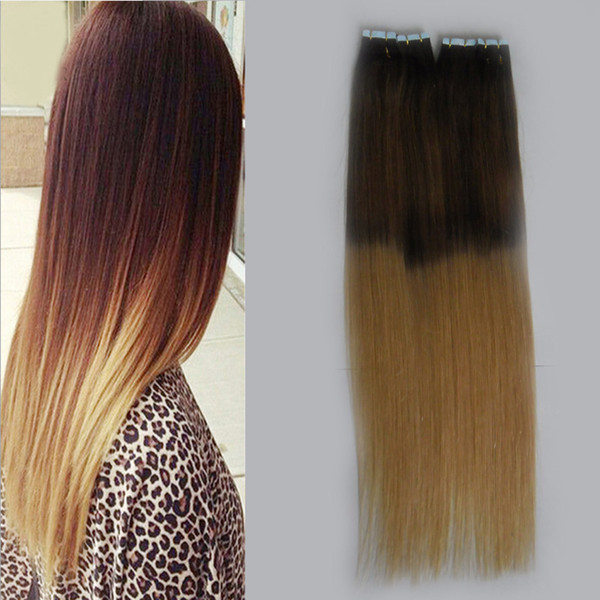 Ombre Use of human hair Brazilian virgin hair1B/27 honey blonde Tape in human hair extensions 200g 80pcs