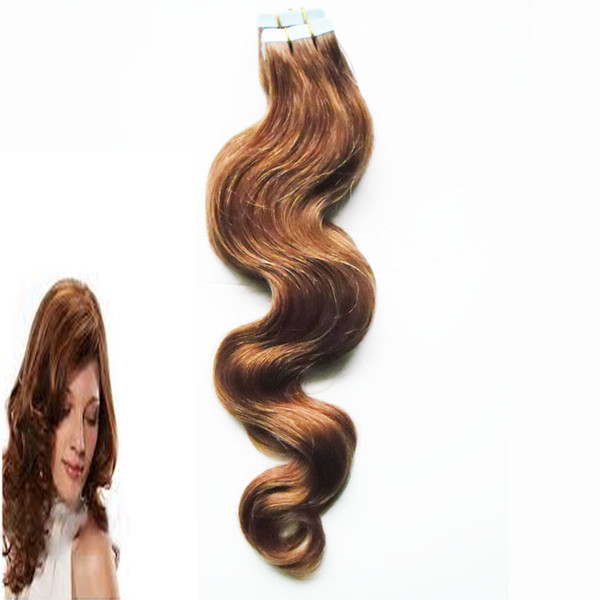 #6 Medium Brown Unprocessed virgin brazilian body wave hair 100g seamless extensions tape40pcs skin weft tape hair extensions