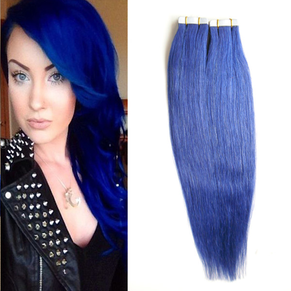 Blue Straight Tape In Remy Human Hair Brazilian Straight Hair 40 pcs 100g Skin Weft Human Hair