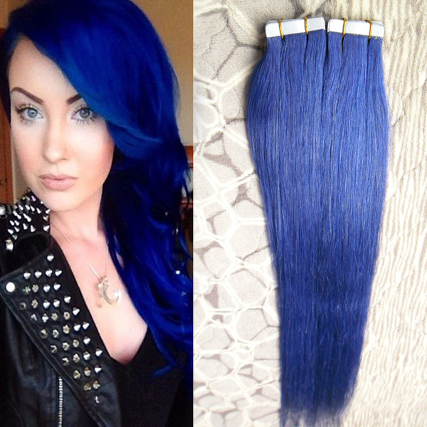 Blue Natural Straight Skin Weft Remy Hair Extensions 40 pcs 100g Tape In Hair Extensions Remy Natural Hair With Blue Tape Adhesive