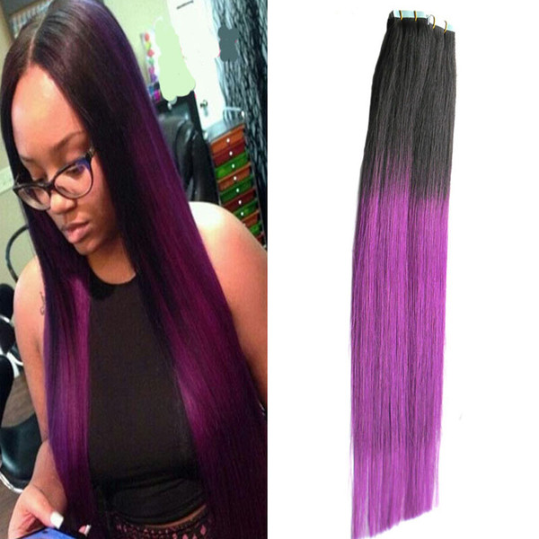 Ombre brazilian hair 100g 40pcs human hair extensions tape Straight #1B/purple tape in human hair extensions brazilian