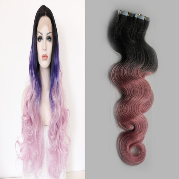 Gray/pink Ombre hair extensions brazilian virgin hair 40 pcs 100g brazilian body wave skin wefts tape in human hair extensions