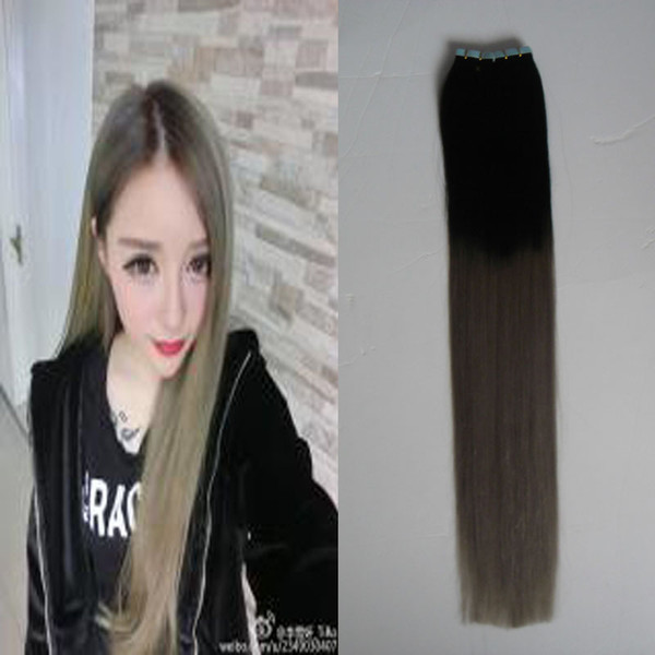 Skin weft pu remy human hair T1B/Gray ombre Brazilian hair 40 pcs tape in ombre 100g Tape in human hair extensions