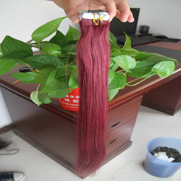 Red wine Tape Hair Extensions 100g 40Pcs/lot Machine Made Remy Tape Hair 100% Human Hair Extensions