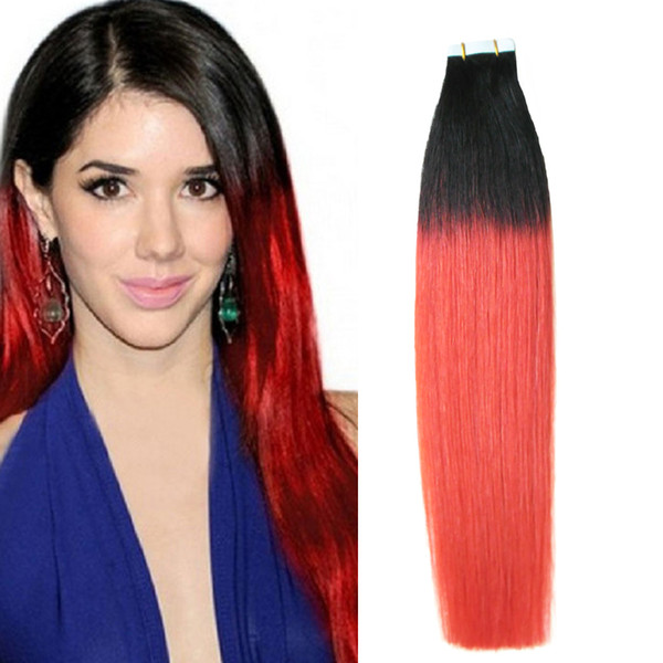 Brazilian virgin straight 100g 40Pcs natural hair to build on the band 1b/red ombre hair extensions tape in human hair extensions