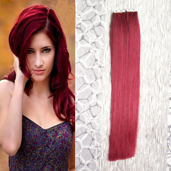 Color #99J Red Wine 8a Brazilian Virgin Hair Tape In Human Hair Extensions 100g invisible tape extensions 40pcs Skin Weft Hair Extensions