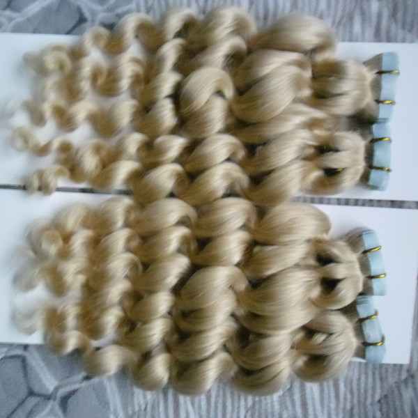 Brazilian tape human hair 200g 80pcs Brazilian loose Wave 613 Blonde hair extensions tape hair extensions human