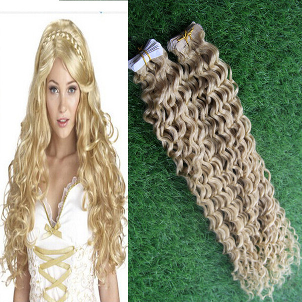 #613 Bleach Blonde Brazilian hair Human Tape in kinky curly 40pcs human hair adhesive tape in human hair extensions