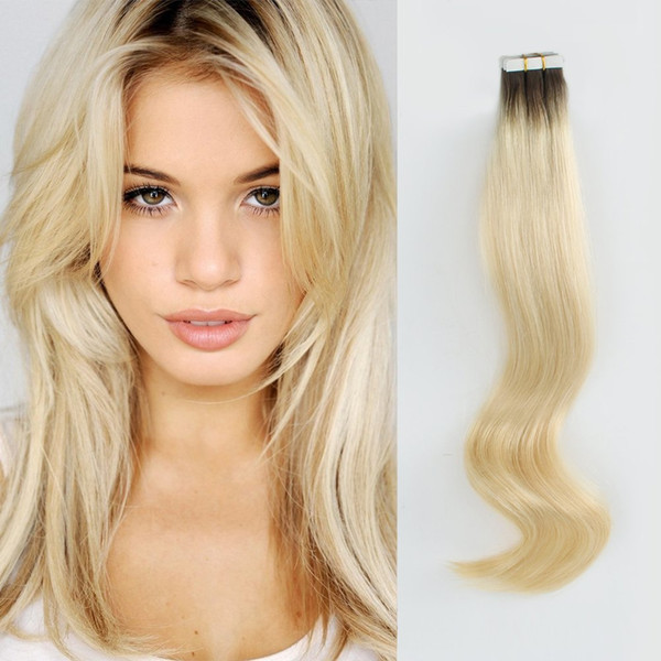 Remy Tape in Hair Extensions Blonde - Pre Taped Double Sided Real Human Hair Skin Weft, Platinum Ash Blonde with Darkest Brown Base Color