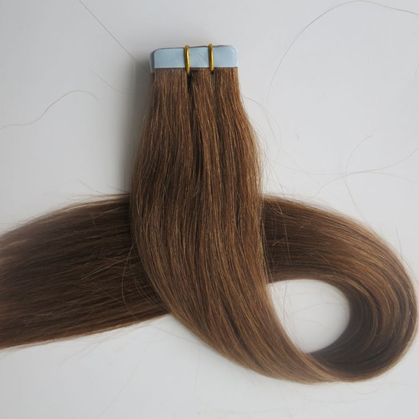 Top quality 50g 20pcs Tape in hair extensions 18 20 22 24inch #8/Light Brown Straight Brazilian Indian Glue Skin Weft human hair