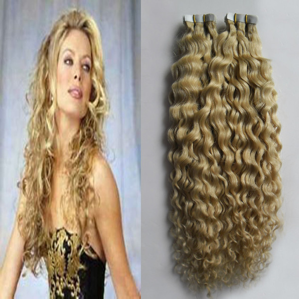 Tape In Human Hair Extensions 100g kinky curly Skin Weft Blonde Human Hair Remy Colored Hair Extensions 40pcs