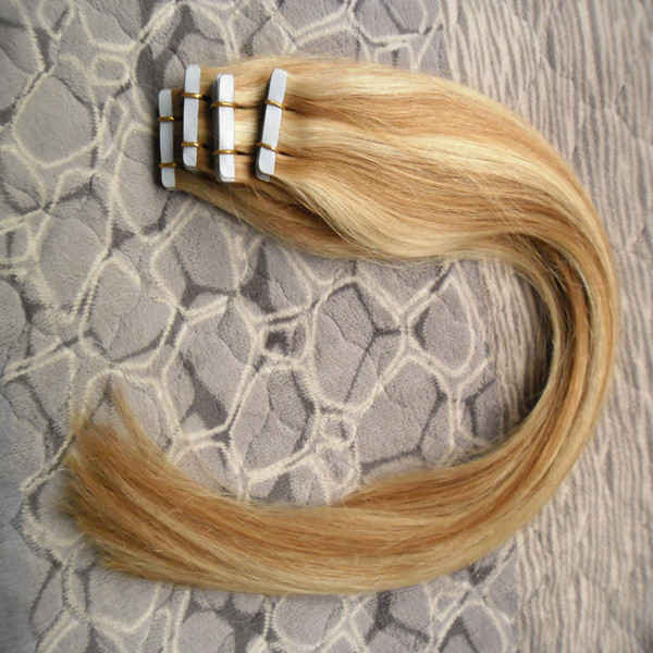 80p Tape In Human Hair Extensions 200g P27/613 Human abelo smooth blond Straight Skin Weft Adhesive Hair PU 16