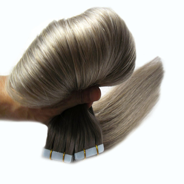 Brazilian virgin Straight silver gray hair extensions 40 pieces human virgen hair extensions adhesive 100g tape human hair