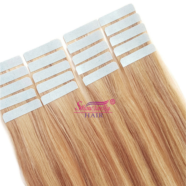 ShowJarlly 22inch Remy Hair Extensions Human Hair Tape in Extensions Color10 Ash Brown highlighted with #24 Seamless Skin Weft Tape in Hair