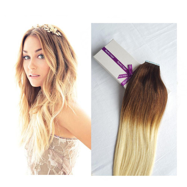 tape hair balayage ombre extensions Medium Brown to blonde hair extensions full shine russian double sided tape extensions human hair