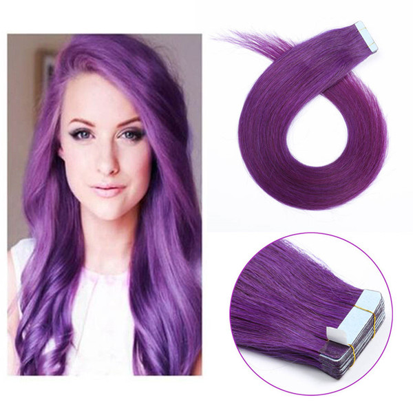 100% Indian remy virgin hair extensions Purple color 20inch cheap human skin weft invisible tape hair extensions