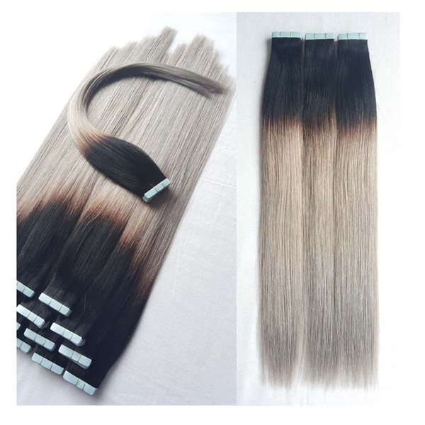 Tape In Extensions showjarlly Remy Human Hair for Women with Balayage Color1b Fading to grey Highlighted Hair Extensions, 50g 20Pcs/pk