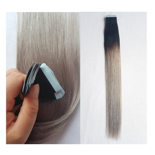 22inch Tape on Hair Extensions Human Hair 20pcs 50g/pack Ombre Hair Extensions Tape in Color #1B off black to Grey