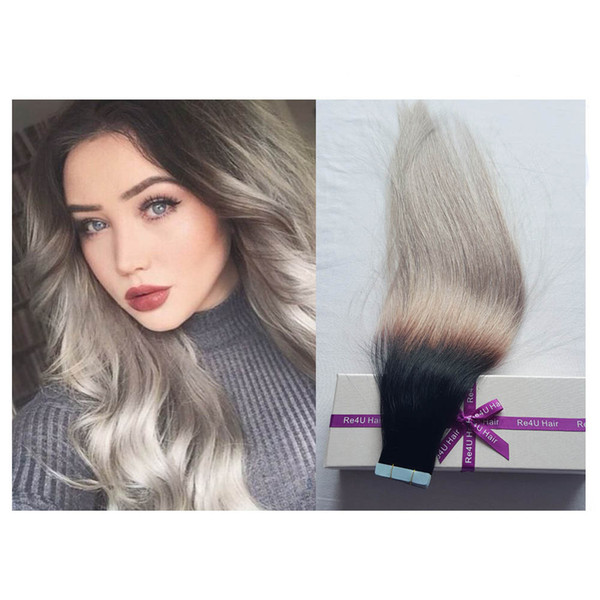 Gray 24 inch Tape in Human Hair Extensions ShowJarlly Seamless Balayage Remy Premium Tape 100% Ombre Gray Factory Direct Hair Extensions