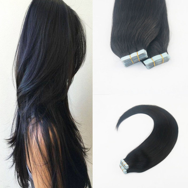 Tape In Human Hair Extensions Original Virgin Remy Brazilian Peruvian Indian Malaysian Skin Wefts PU Tape Hair Natural Black Color