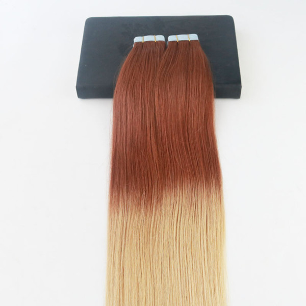 14-24Inch Ombre Red Brown TO 27# Brazilian Virgin Tape Hair Extension 100g PU Skin Weft Hair Extensions Straight Tape In Hair Extensions