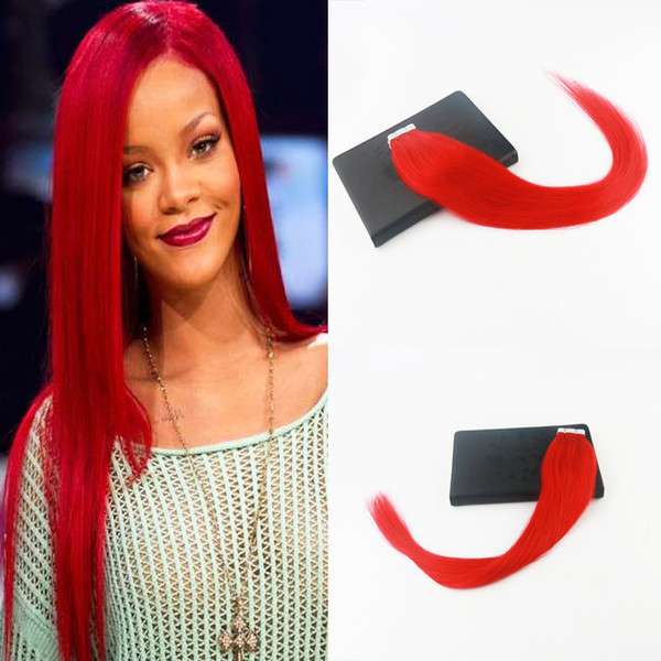 Red# Color Seamless Tape In Hair Extensions 40Pcs 100g Straight 14-24Inch Full Thick Stick Tape On Hair Extensions