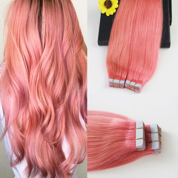 Pink# color seamless tape in hair extensions 100g 40pcs straight 14-24inch full thick stick tape on hair extensions