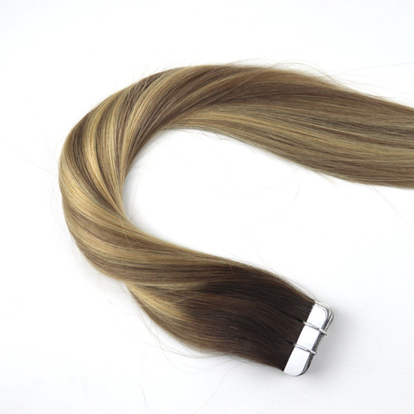 Tape in Hair Extensions Dark Brown Ombre to #8 Highlighted with Blonde Glue in Hair Extensions 20inch 20pcs/50g