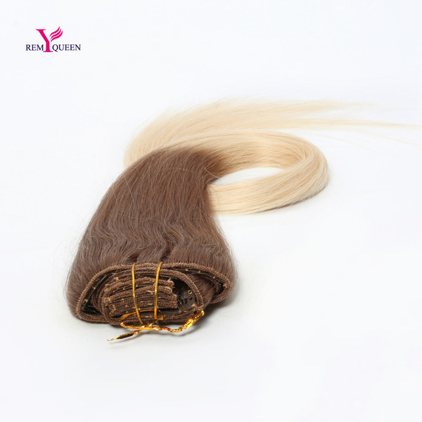 Dream Remy Queen 7A Silk Straight Remy Hair Clip In Human Hair Extensions Ombre Color T6/613 Full Head 8Pcs/Set