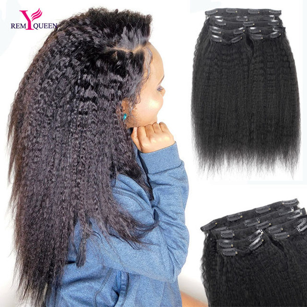 Dream Remy Queen 8A Kinky Straight Weave Remy Hair Clip In Human Hair Extensions Natural Color For Black Women Full Head 8Pcs/Set