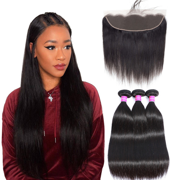 Straight Hair Bundles With Frontal Brazilian Remy Human Hair Weave Pre Plucked 13x4 Ear To Ear Lace Frontal Closure With Bundles