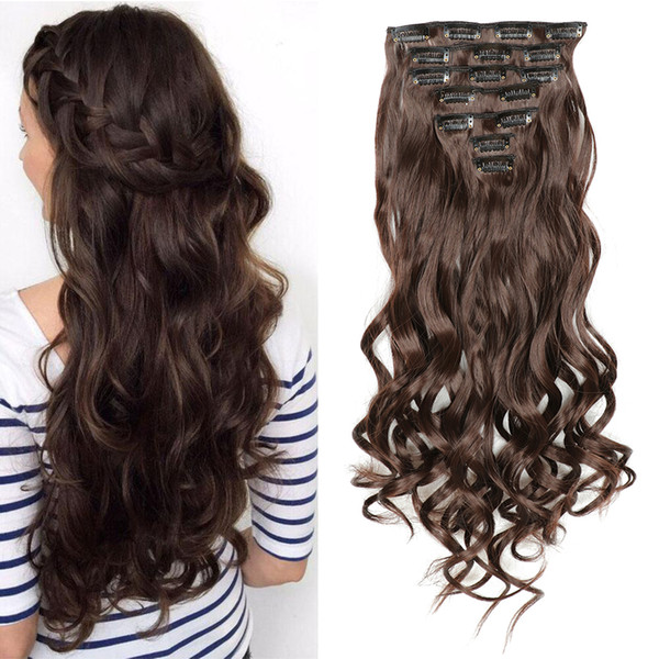 Light Brown Body Wave Hair Full Head 7pcs Clip in Hair Extensions 22 Inch Long Wavy Heat Resistant Synthetic Hairpiece