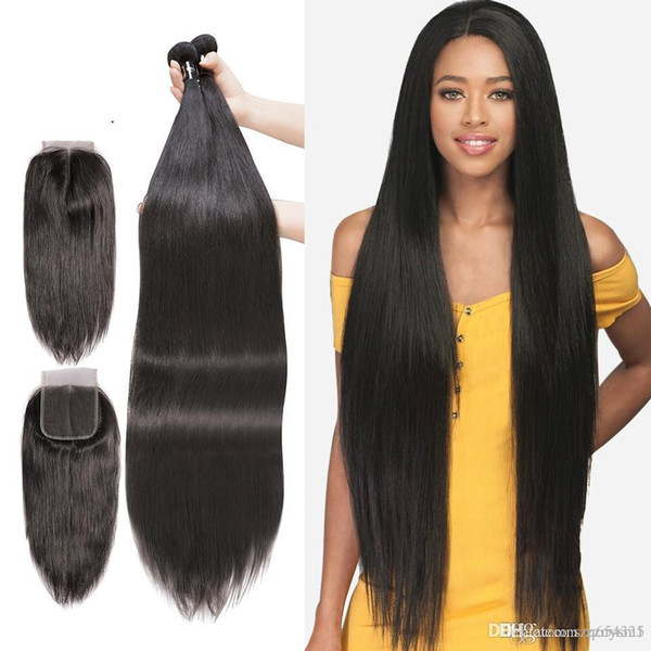 Straight Human Hair Bundles With Closure Brazilian Hair Weave Bundles 7A Virgin Hair Extension