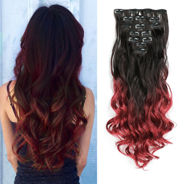 Clip in Curly Ponytail Hair Extension Ombre Burgundy Body Wave 7pcs/set Heat Resistant Synthetic Hair