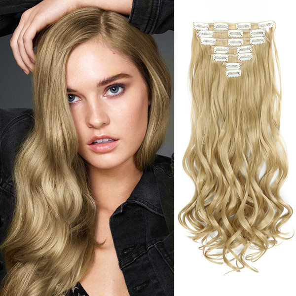 Blond Curly Hair Extensions 7 Separate Pieces Heat Resistance Synthetic Clip in Hair long Body Wave Hair