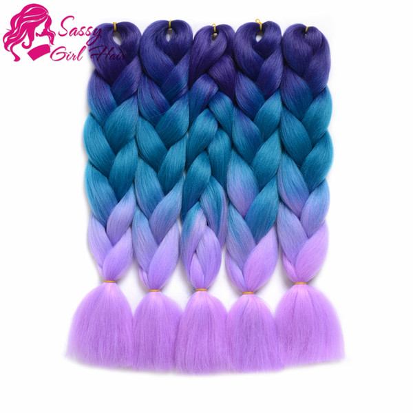 Ombre Braiding Hair Jumbo Braids Hair Synthetic Box Hair Kanekalon For Braids 5PCS/Lot 100g/Pc 24 inch(60CM) (Purple-Lake Blue-Light Purple)