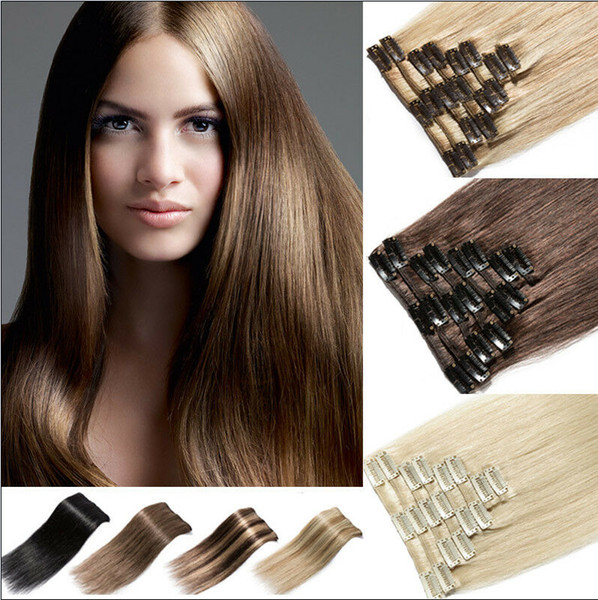 Brown straight clip in extensions full head ponytail hair like human longht 22inch