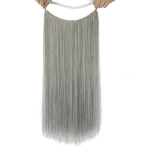 24'' Long Gray Synthetic Hair Fish Line Halo Invisible Straight Hair Extension Heat Resistant Hair Piece